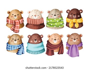 Watercolor Illustration Set of Cute Bears