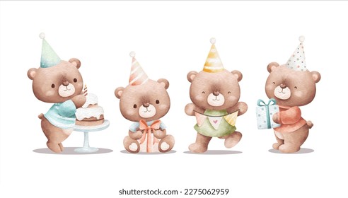 Ilustración acuarela conjunto de adorables osos de peluche de cumpleaños