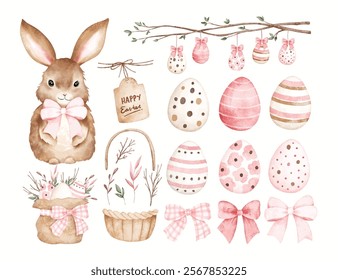 Watercolor Illustration Set of Cute Bunny with Easter Eggs and Basket