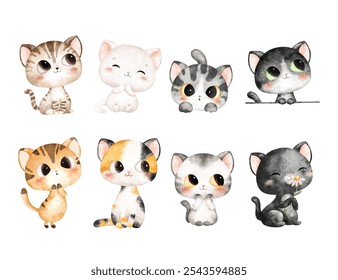 Watercolor Illustration Set Cute Cats