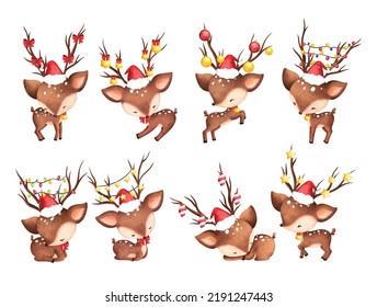 Watercolor Illustration set of Cute Christmas reindeer character  
