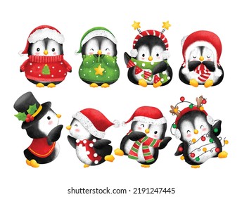 Watercolor Illustration set of Cute Christmas penguin character