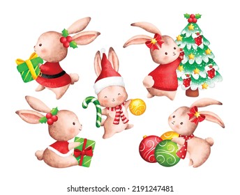 Watercolor Illustration Set Of Cute Christmas Rabbit Character