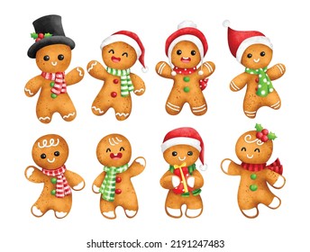 Watercolor Illustration set of Cute Christmas gingerbread character