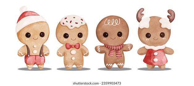 Watercolor Illustration set of cute Christmas gingerbread