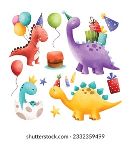 Ilustración acuarela conjunto de adorables dinosaurios coloridos y elementos de fiesta de cumpleaños