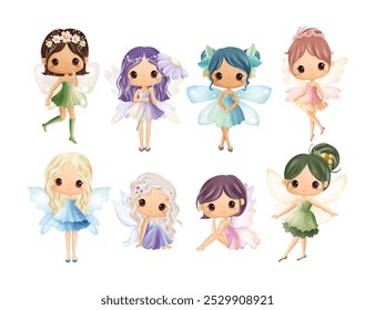 Watercolor Illustration Set of Cute Fairies