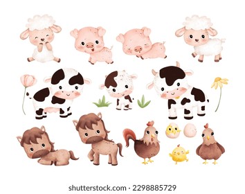 Watercolor Illustration set of cute farm animals