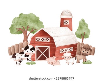 Watercolor Illustration set of cute farm animals and farm house