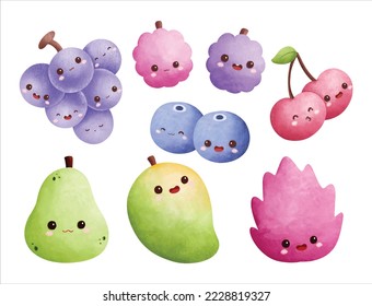 Watercolor Illustration set of cute fruit character