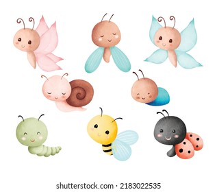 Watercolor Illustration set of Cute Garden Animals 