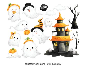 Watercolor Illustration set of Cute Ghost and Haunted house