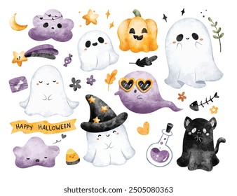 Watercolor Illustration Set of Cute Ghost and Halloween Ornaments