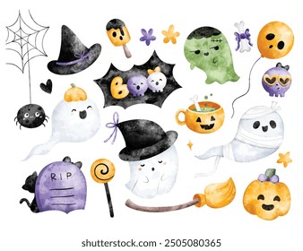 Watercolor Illustration Set of Cute Ghost and Halloween Ornaments