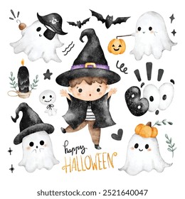 Conjunto de ilustración de acuarela de fantasmas lindos y personaje de Halloween