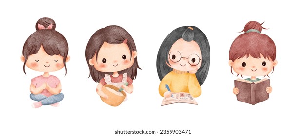 Watercolor Illustration set of cute girls do me time