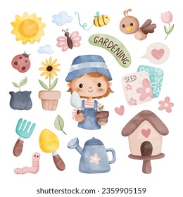 Watercolor Illustration set of cute girls and garden elements