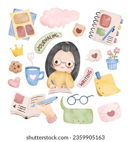 Watercolor Illustration set of cute girls with notes and and journal elements