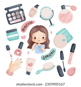 Watercolor Illustration set of cute girls and make up