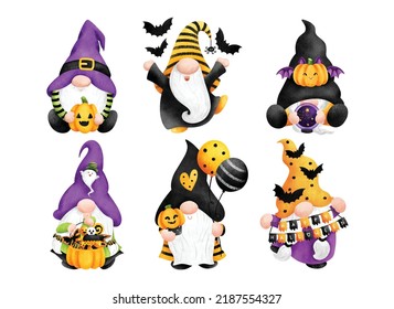 Watercolor Illustration set of cute Halloween gnome