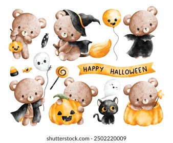 Watercolor Illustration Set of Cute Halloween Teddy Bears