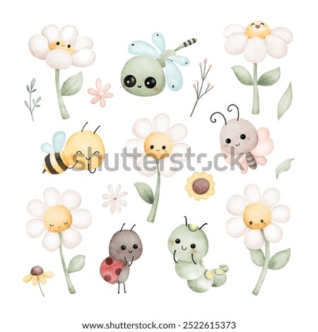 Watercolor Illustration Set of Cute Insects and Flowers Character