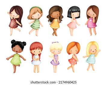 Watercolor illustration set of Cute little girls 