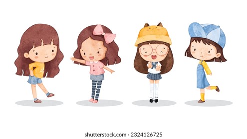 Watercolor illustration set of cute little girls