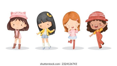 Watercolor illustration set of cute little girls