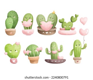 Watercolor Illustration. Set of cute love cactus. Great for card and greetings.