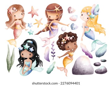Acuarela Ilustración conjunto de la sirena y elementos bonitos