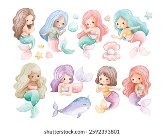 Watercolor Illustration Set of Cute Mermaid in Pastel Color