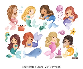 Watercolor Illustration Set of Cute Mermaids and Sea Animals