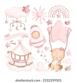 Watercolor illustration set of cute nursery clipart for baby gir