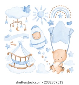 Watercolor illustration set of cute nursery clipart for baby boy