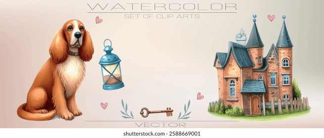 Watercolor illustration set of cute pets. Cats, dogs, and rabbits in soft pastel tones.