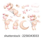 Watercolor Illustration set of cute rabbit and balloons