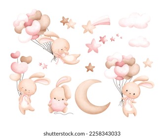 Watercolor Illustration set of cute rabbit and balloons