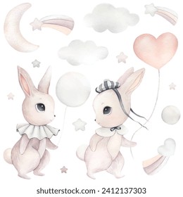 Watercolor illustration set of cute rabbit and balloons. Cutie bunny, hare portrait. Easter watercolor card with rabbit in pastel colors with balloons.Bunny sticker,baby wall art,kids room decoration