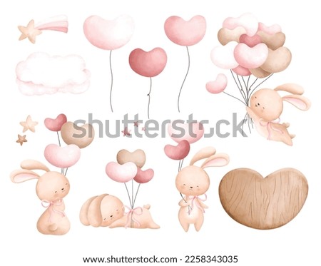 Watercolor Illustration set of cute rabbit and balloons
