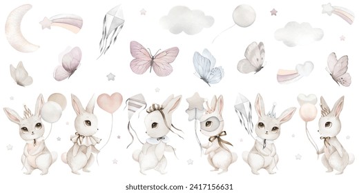 Watercolor illustration set of cute rabbit,balloon, butterfly. Cutie bunny, hare portrait. Easter watercolor card with rabbit in pastel colors with balloons.Bunny sticker,baby wall art,kids room decor