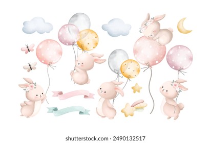 Watercolor Illustration Set of Cute Rabbits and Balloons with Sky Elements