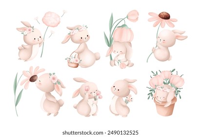 Acuarela Ilustración Conjunto de conejos lindos con flores rosas