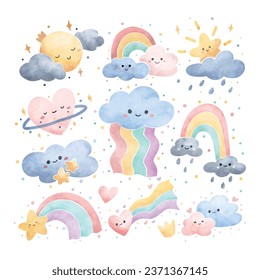 Watercolor Illustration set of cute rainbow and cloud