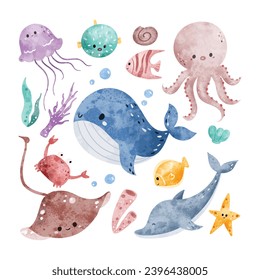 Watercolor Illustration set of Cute Sea Animals