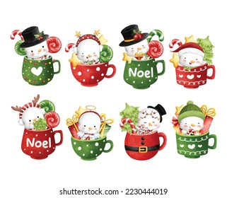 Watercolor Illustration set of cute snowman in cup with Christmas ornaments