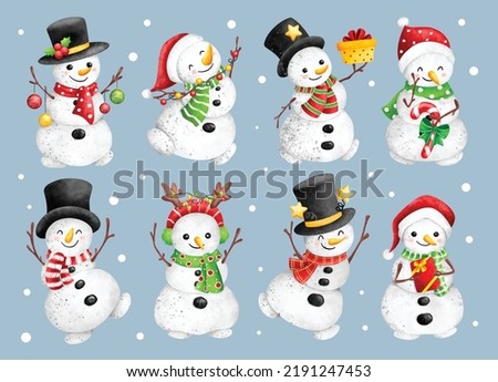 Watercolor Illustration set of Cute snowman character with Christmas ornaments