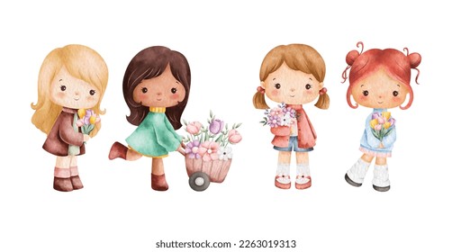 Watercolor illustration set of cute Spring girl