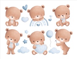 Watercolor Illustration Set Of Cute Teddy Bears