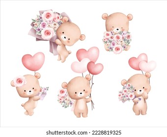 Watercolor Illustration set cute teddy bear and bouquet   balloons